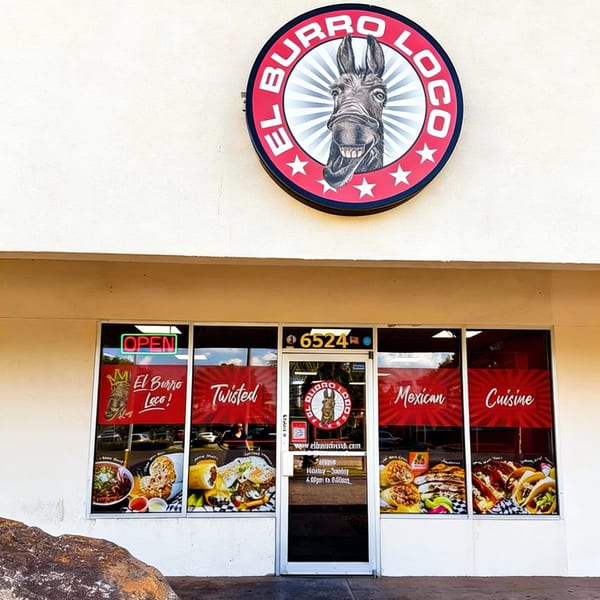 El Burro Loco restaurant storefront with a donkey logo, "Mexican Cuisine" signs, and food images.