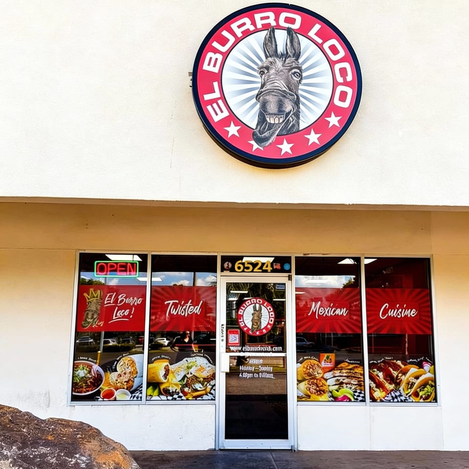 El Burro Loco restaurant storefront with a donkey logo, "Mexican Cuisine" signs, and food images.