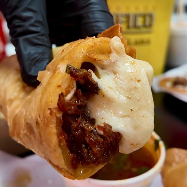 Hand in black glove holding a crispy, cheesy birria taco with melted cheese stretching out.